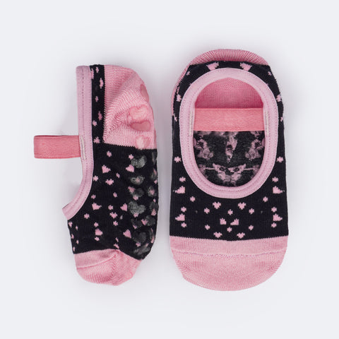 Meia Sapatilha Infantil Antiderrapante Pampili Corações Preta e