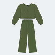 Conjunto Infantil Vic&Vicky Blusa Top Cropped e Wide Leg Verde Militar - conjunto infantil com top cropped