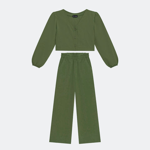 Conjunto Infantil Vic&Vicky Blusa Top Cropped e Wide Leg Verde Militar - conjunto infantil com top cropped