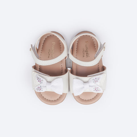Sandália de Bebê Pampili Nana Laço Assimétrico Glitter e Strass Branco - superior da sandália em velcro