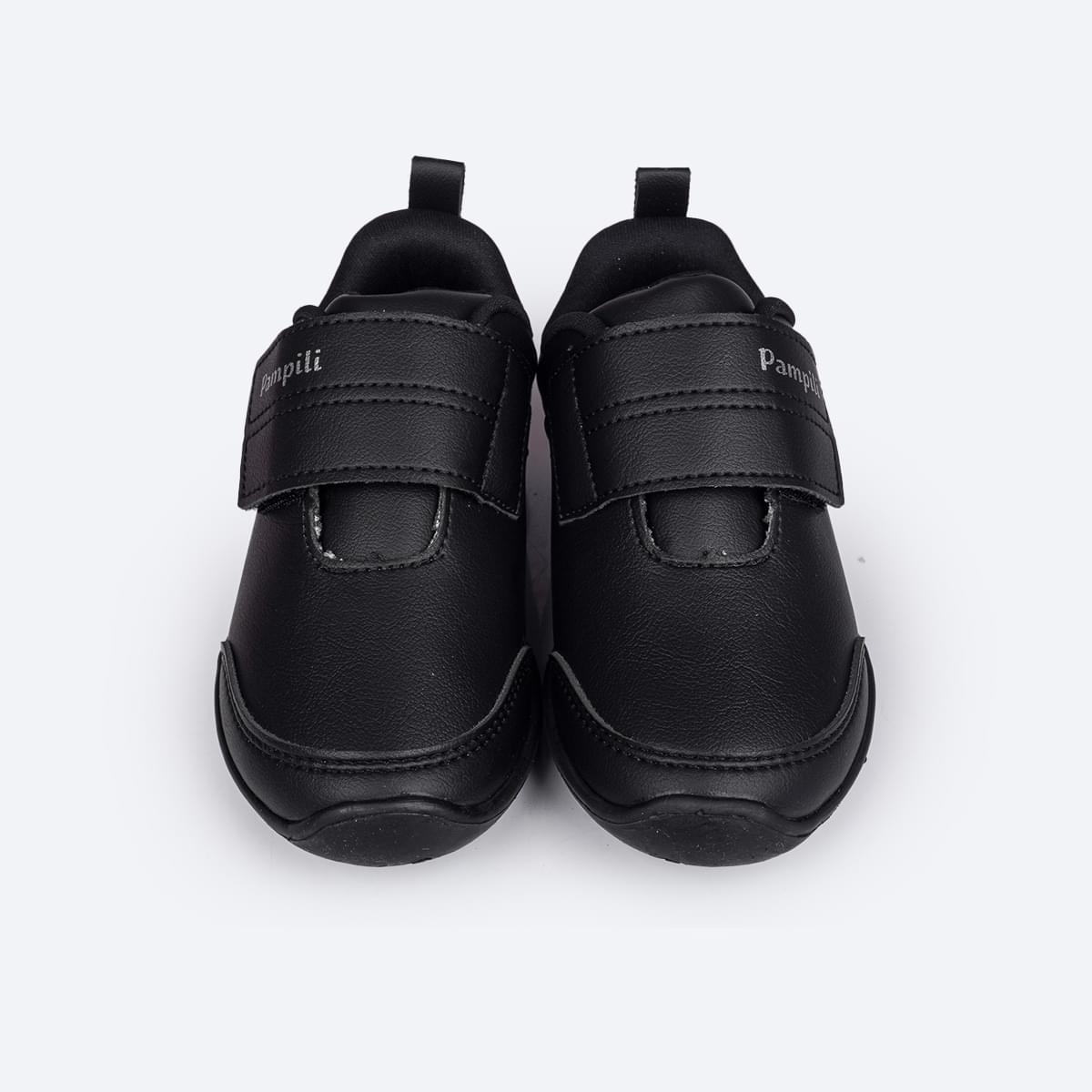 Tênis Escolar Infantil Pampili Honey Escolar Preto - Vem com Pulseira Porta Moedas - frente do tênis preto