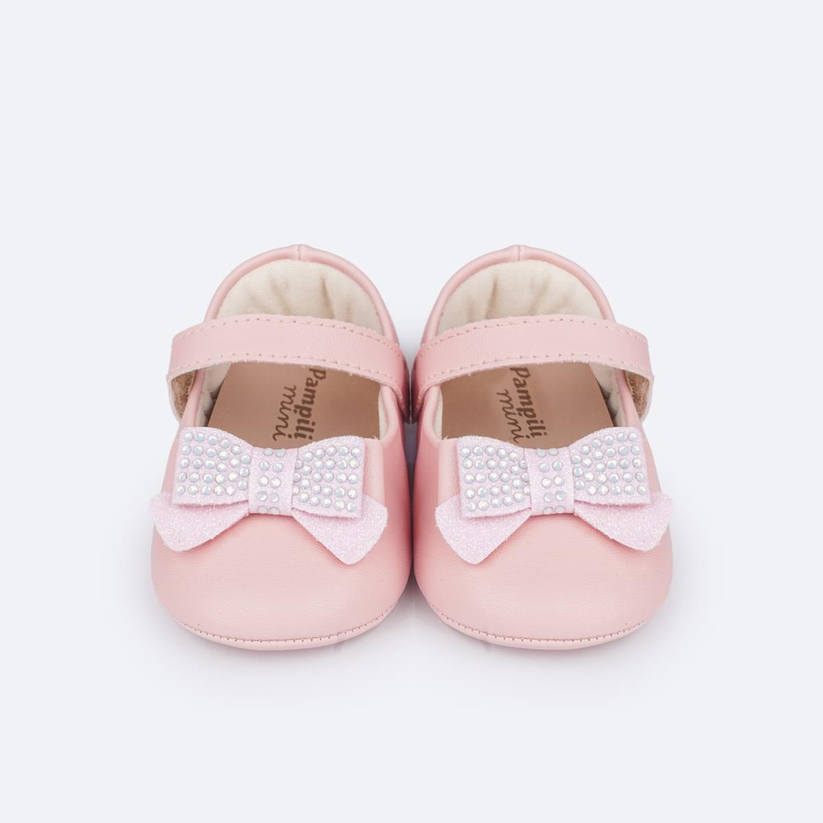 Sapato de Bebê Pampili Nina Momentos Especiais Laço Strass Rosa Glacê - frente do sapato com strass