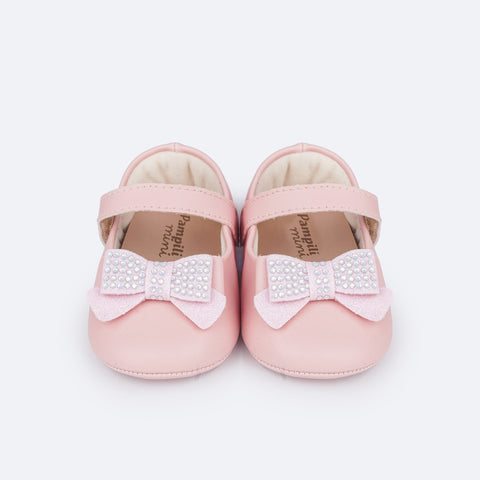 Sapato de Bebê Pampili Nina Momentos Especiais Laço Strass Rosa Glacê - frente do sapato com strass