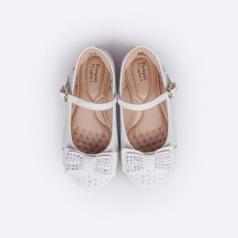 Sapato Infantil Feminino Pampili Angel Laço com Glitter e Strass Branco - superior do sapato confortável