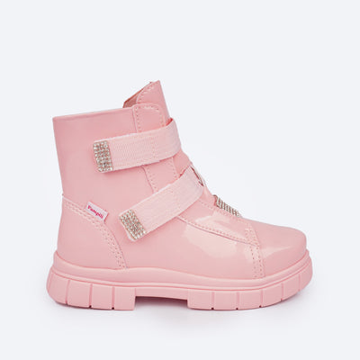 Bota Coturno Feminina Pampili Lucky Strass Verniz Rosa Glace - detalhe lateral do coturno infantil