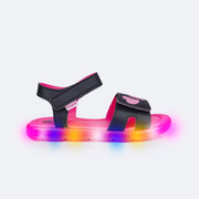 Sandália de Led Infantil Pampili Lulli Corações Bordados Preta e Pink Fluor