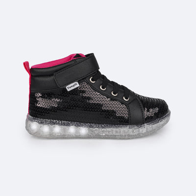 Tênis de Led Cano Médio Infantil Pampili Sneaker Luz Paetê Preto - lateral tênis cano médio