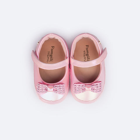 Sapato de Bebê Pampili Nina Laço Glitter e Tachas Rosê - superior do sapatinho