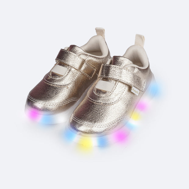 Tênis de Led Infantil Pampili Liz Luz Velcro Dourado