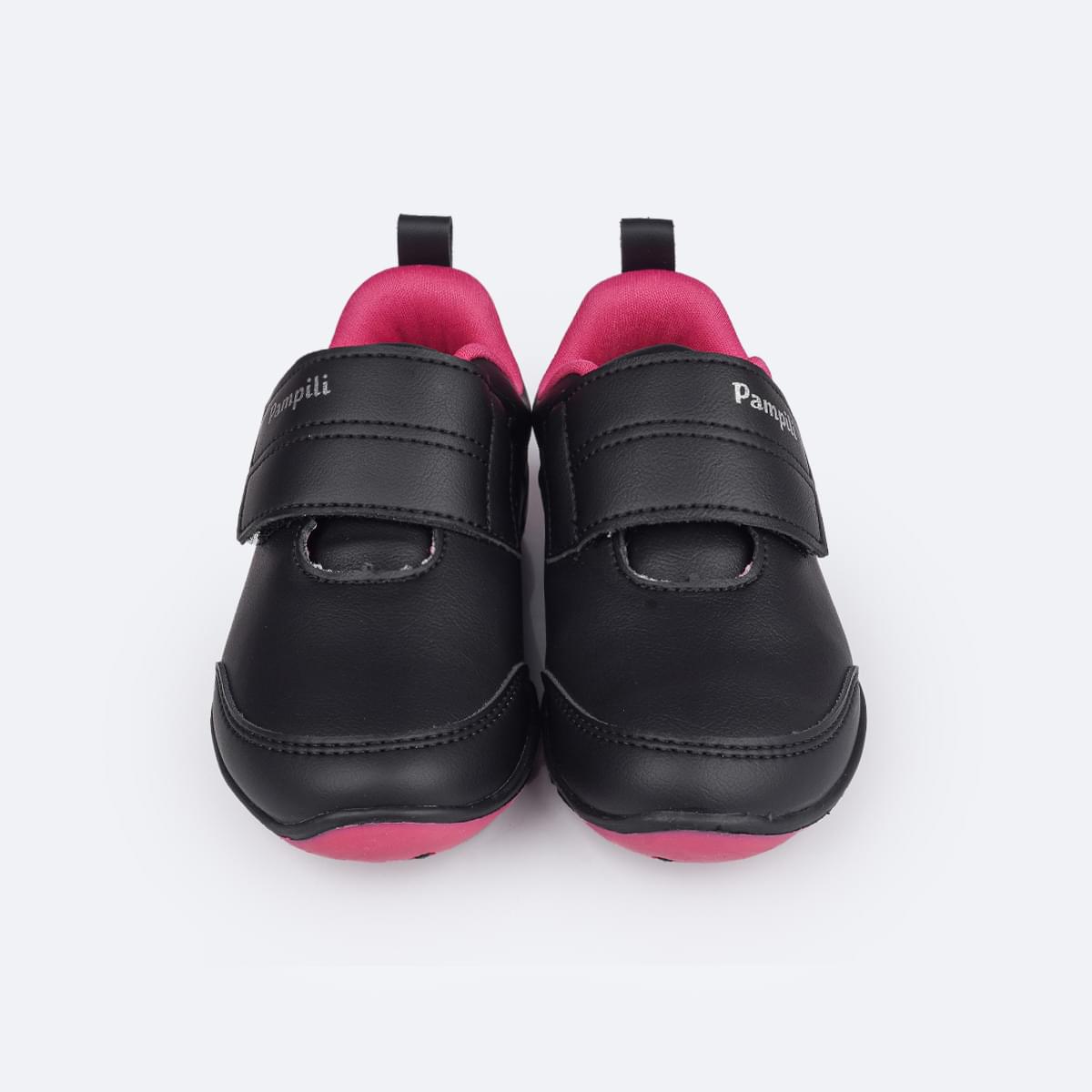 Tênis Escolar Infantil Pampili Honey Preto e Pink - Vem com Estojo! - frente do t~enis com velcro