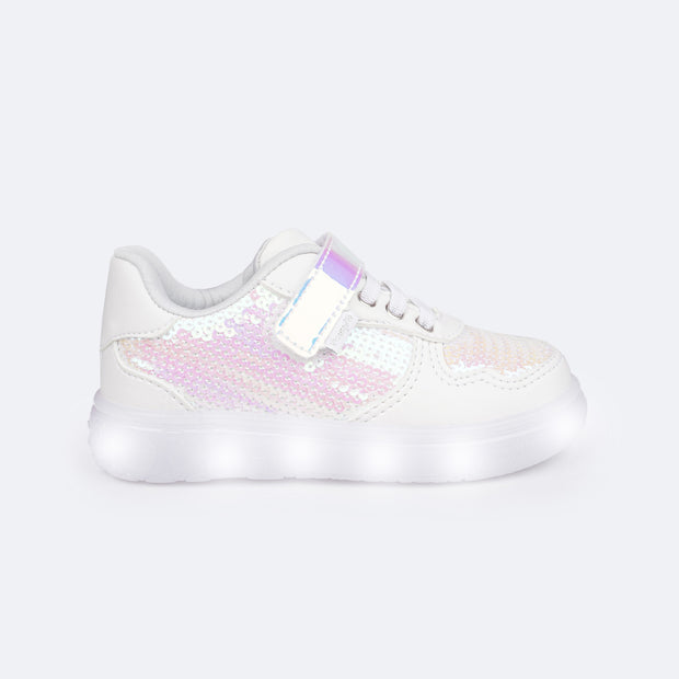 Tênis de Led Infantil Pampili Sneaker Luz Paetê Branco