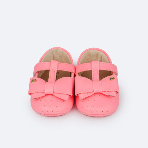 Sapato de Bebê Pampili Nina Calce Fácil Perfuros e Laço Rosa Neon Luz - sapato de bebê com laço