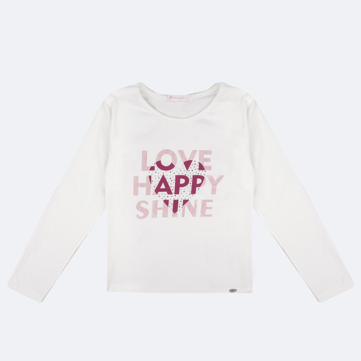 Camiseta Infantil Pampili Manga Longa Love Happy Shine Off White