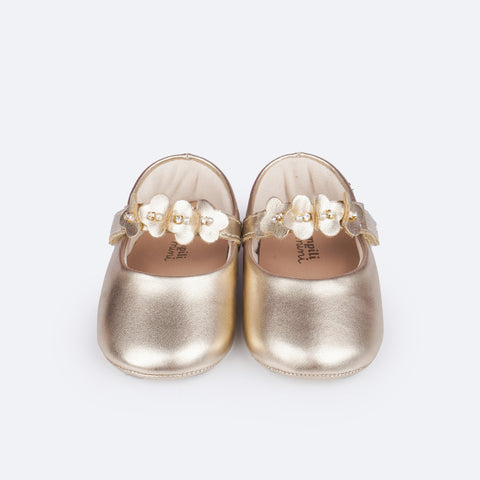 Sapato de Bebê Pampili Nina Flores Dourado - frente do sapato com strass e perolas