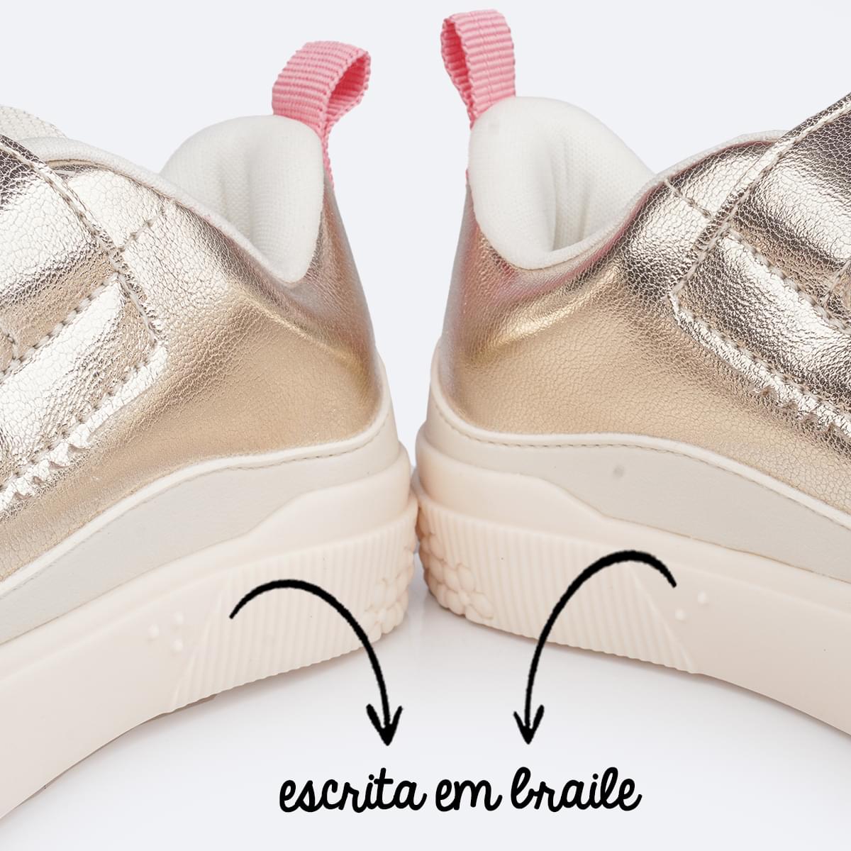 Tênis Infantil Feminino Pampili Yumi Velcro Duplo Dourado - escrita em braile do tênis