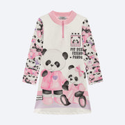 Vestido Infantil Kukiê Manga Longa Pandas Off White e Rosa - vestido manga longa infantil