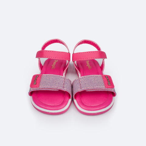 Sandália Infantil Pampili Slim Bombom Glitter Pink - frente da sandália com glitter na parte frontal