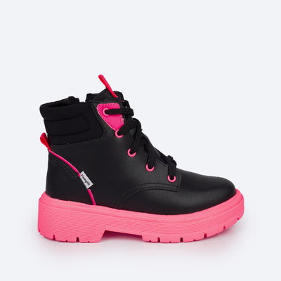 Bota Coturno Feminina Pampili Duda Preto e Pink Flúor - lateral boto coturno infantil