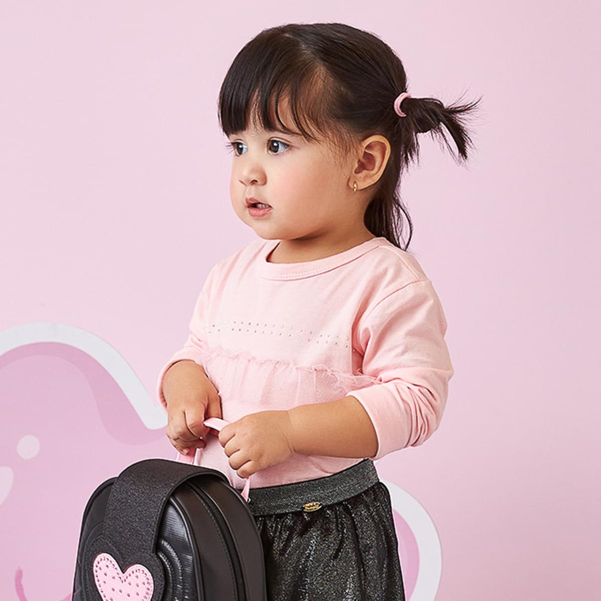 Camiseta Manga Longa Infantil Pampili Babado Tule e Strass Rosa