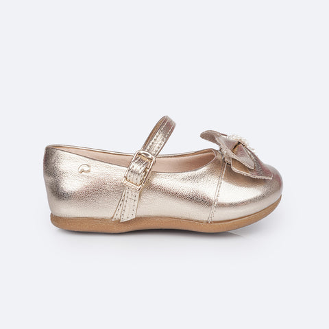 Sapato Infantil Pampili Mini Angel Laço com Pérolas Dourada