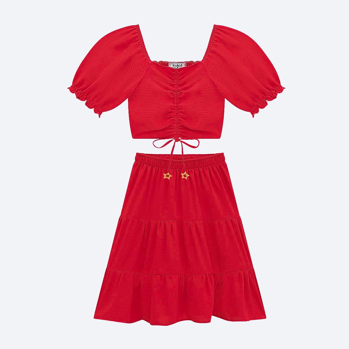 Conjunto Infantil Kukiê Saia Midi Vermelho  - frente do conjunto