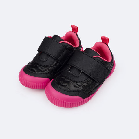 Tênis Infantil Pampili Yuyu Matelassê Comfy Preto e Pink Fluor