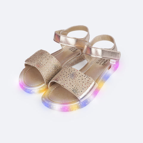Sandália de Led Infantil Pampili Lulli Glitter e Pontos Coloridos Dourada - frente da sandália dourada