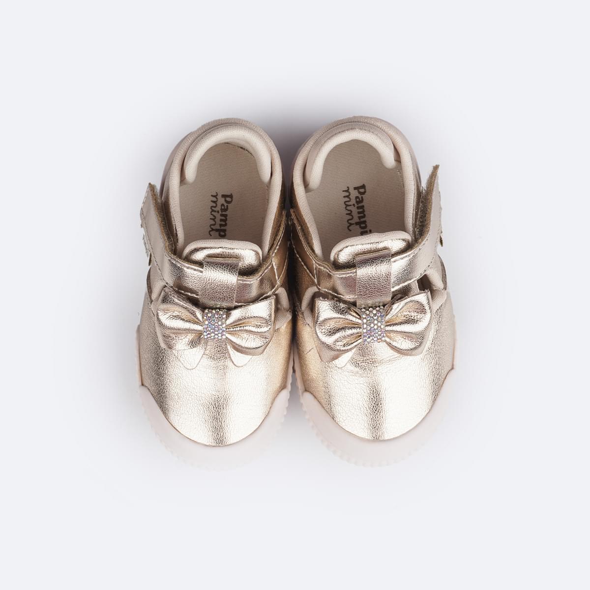 Tênis Infantil Feminino Pampili Yuyu Laço com Strass Dourado - superior do tênis