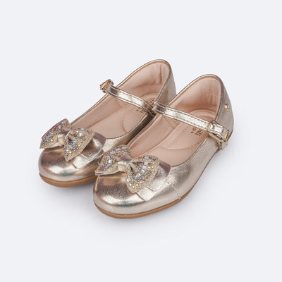 Sapatilha Infantil Pampili Bailarina Laço Glitter e Strass Dourada - frente da sapatilha confortável dourada