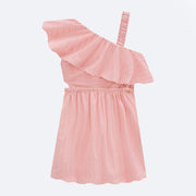 Vestido Infantil Kukiê Assimétrico Rosa - frente do vestido com listras