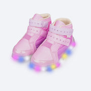 Tênis de Led Infantil Cano Médio Pampili Liz Luz Comfy Glitter Rosa Bale Novo - parte da frente do tenis infantil com velcro para menina