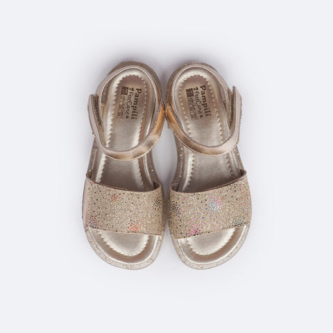 Sandália de Led Infantil Pampili Lulli Glitter e Pontos Coloridos Dourada - superior da sandália dourada com velcro