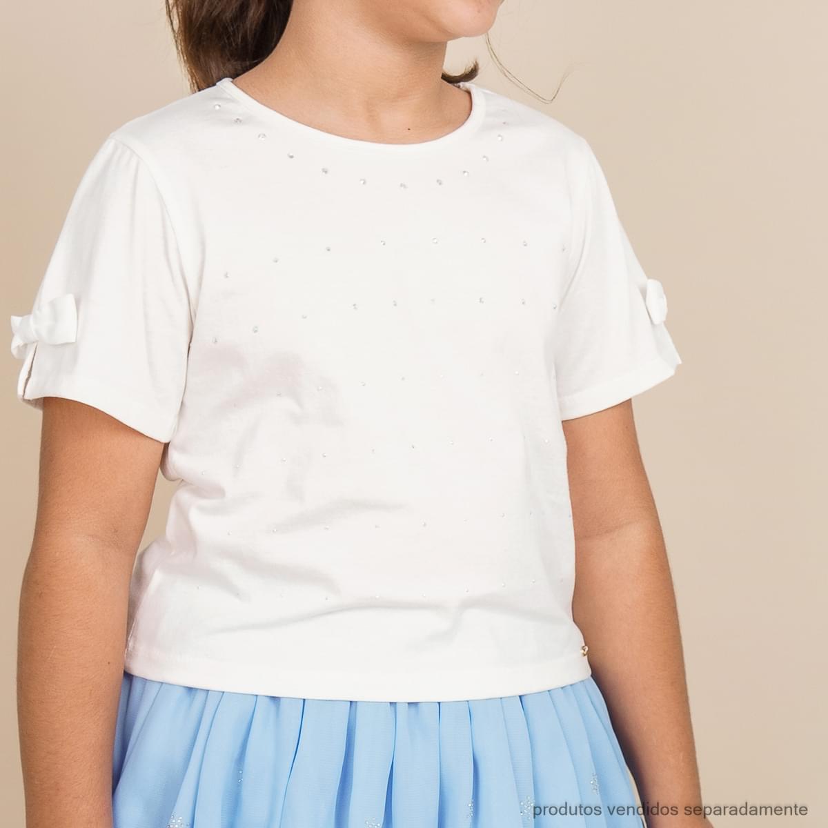 Camiseta Infantil Feminina Strass Laço Off White