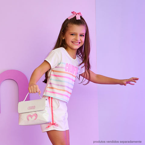 Short Infantil Pampili com Fita Rosa Neon Off White