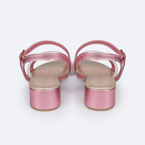 Sandália Infantil com Salto Pampili Fancy Tira Strass Metalizada Rosa - traseira da sandália metalizada rosa