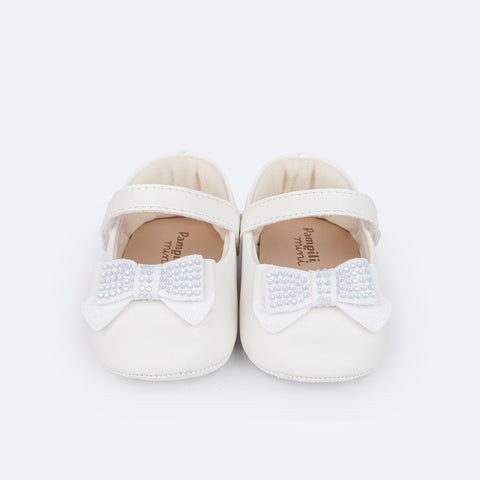 Sapato de Bebê Pampili Nina Momentos Especiais Laço Strass Branco - frente do sapato com glitter e strass