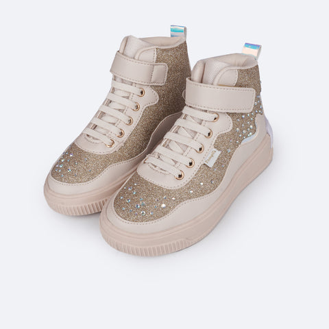 Tênis Cano Médio Infantil Pampili XP 21 Glitter e Strass Nude e Dourado - tenis com glitter dourado