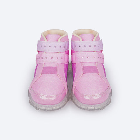 Tênis de Led Infantil Cano Médio Pampili Liz Luz Comfy Glitter Rosa Bale Novo - parte frontal do tênis infantil feminino