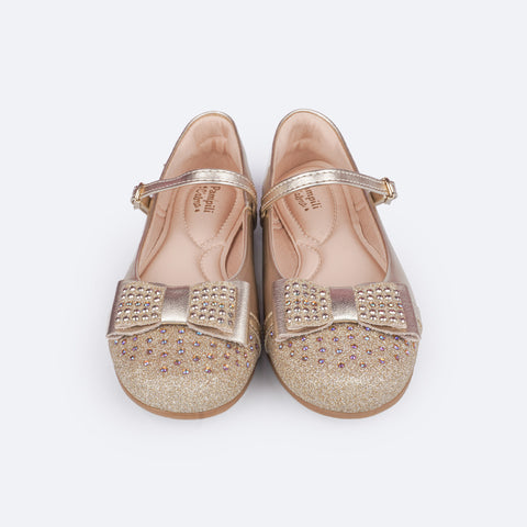 Sapato Infantil Feminino Pampili Angel Laço com Glitter e Strass Dourada - frente da sapatilha com glitter e strass