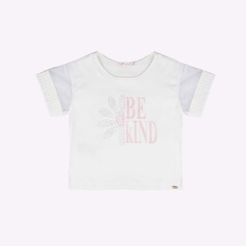 Camiseta Infantil Pampili Be Kind Flor Strass Off White - frente da camiseta