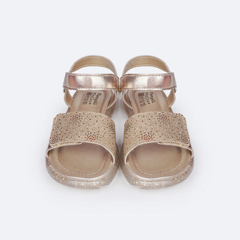 Sandália de Led Infantil Pampili Lulli Glitter e Pontos Coloridos Dourada - frente da sandália dourada com glitter