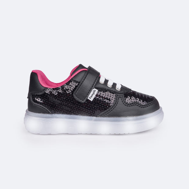 Tênis de Led Infantil Pampili Sneaker Luz Paetê Preto