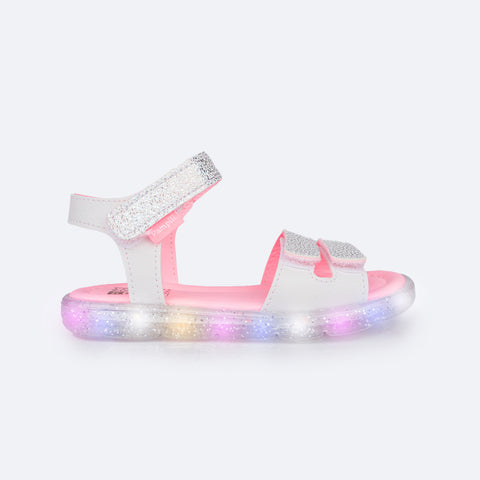 Sandália de Led Infantil Pampili Lulli Holográfica Branca e Rosa - lateral da papete com velcro