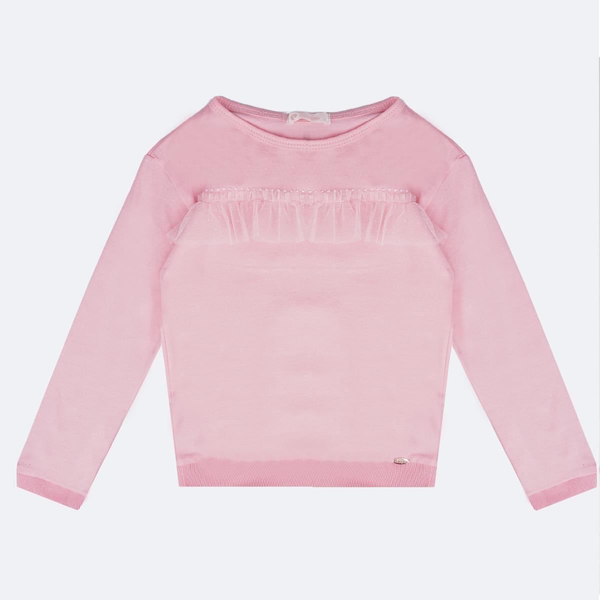 Camiseta Manga Longa Infantil Pampili Babado Tule e Strass Rosa