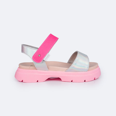 Sandália Infantil Pampili Anny Tratorada Holográfica Prata e Pink - sandália com velcro