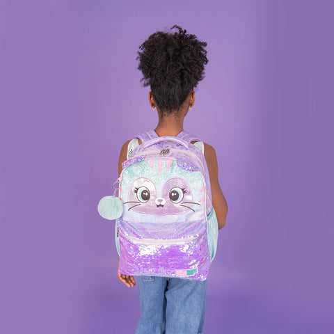 Mochila Pack Me Cat Lilás - mochila nas costas da menina