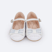 Sapato Infantil Feminino Pampili Angel Laço com Glitter e Strass Branco - frente do sapato branco com strass