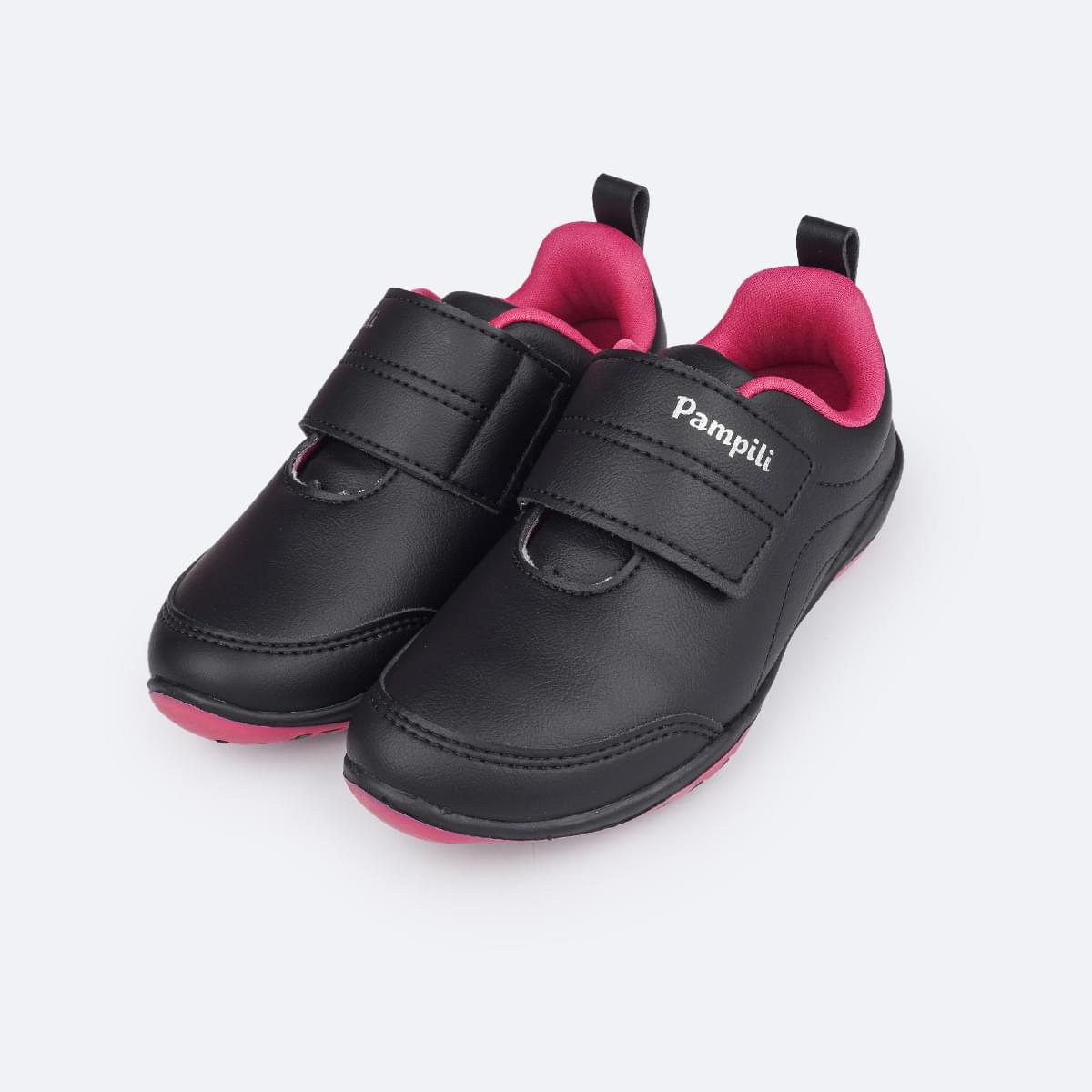 Tênis Escolar Infantil Pampili Honey Preto e Pink - Vem com Estojo! - frente do tênis com velcro