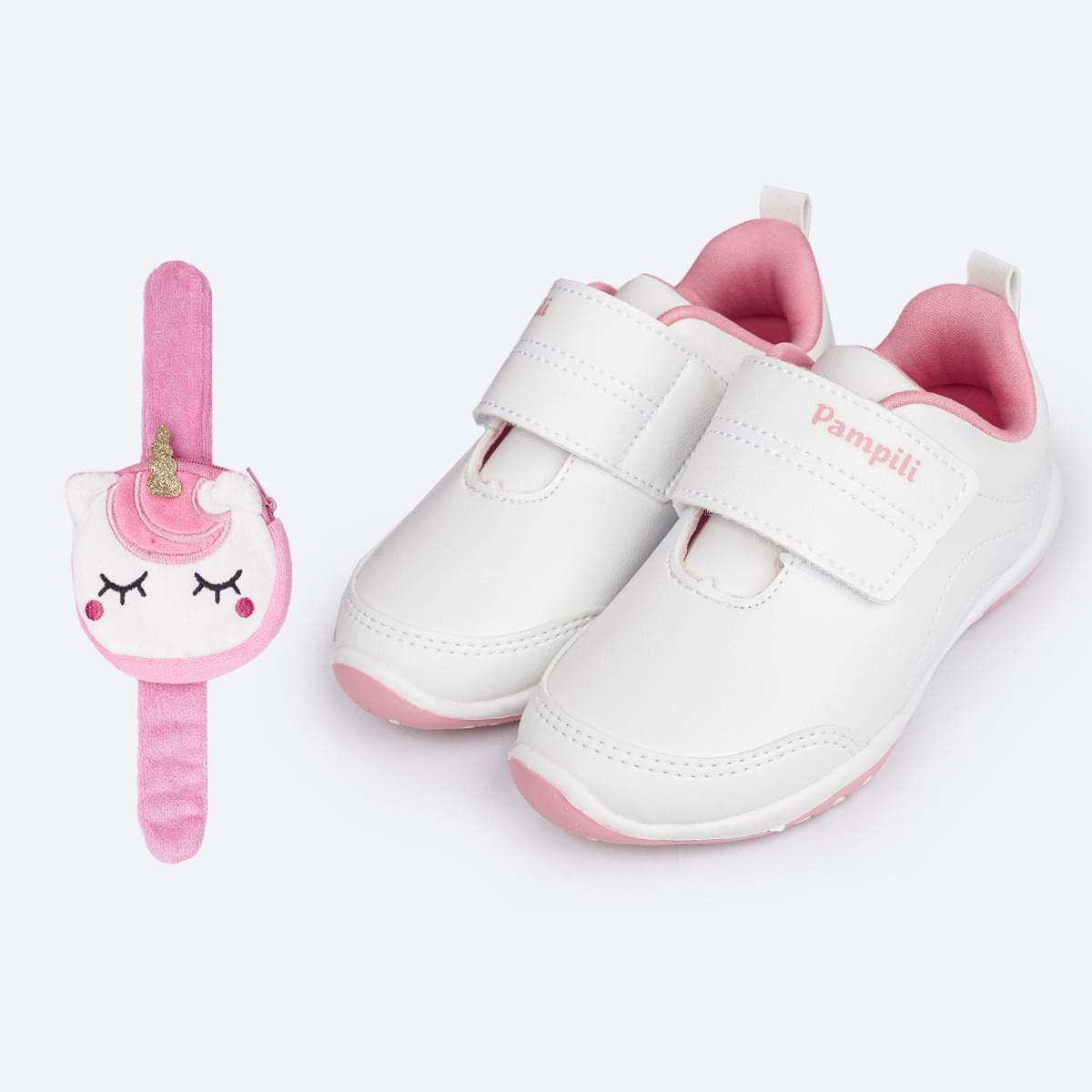 Tênis Escolar Infantil Pampili Honey Escolar Branco - Vem com Pulseira Porta Moedas - frente do tênis 