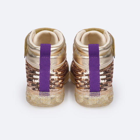 Tênis de Led Cano Médio Infantil Pampili Sneaker Luz Paetê Dourado - traseira tênis cano médio